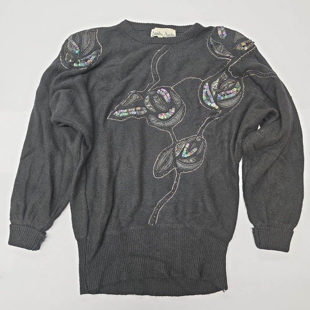 Amelia Austin Black‎ Sequin Floral Embellished Knit Sweater Women's Size M